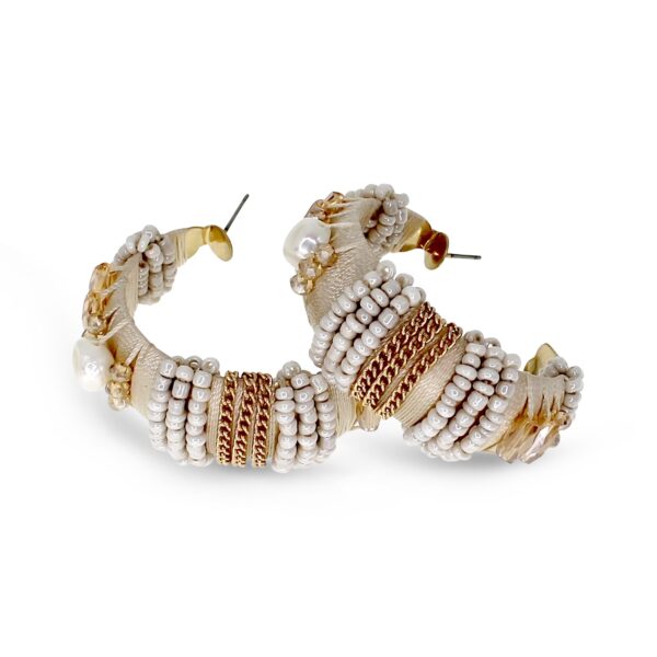 Beige Open Hoop Earrings with Beads